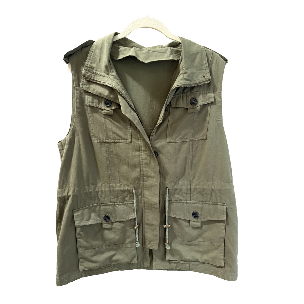 Army Green L Sleeveless Utility Vest Drawstring Waist Grunge Emo Gorpcore